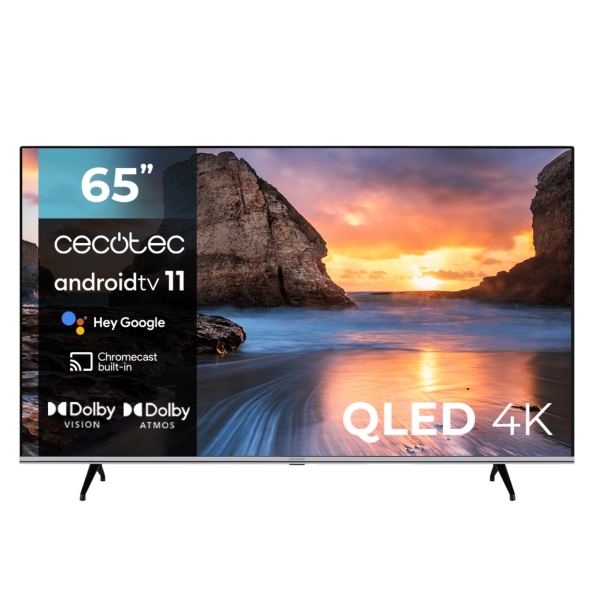 Cecotec serie V1 VQU10065S 65" QLED 4K UHD Smart TV - Android TV 11 - Chromecast integrato - HDR10+ - Dolby Vision - Dolby Atmos Sound - Supporto girevole - Colore Nero