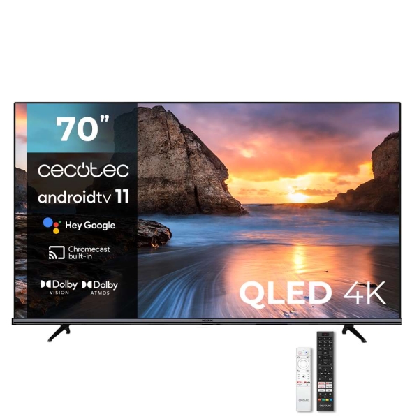 Cecotec Serie V1+ VQU11070+ 70" QLED 4K Smart TV - Android TV 11 - Micro Dimming - Dolby Vision/Atmos - Connettività HDMI 2.1 - Suono DTS X - VESA 400x200 - Colore Nero