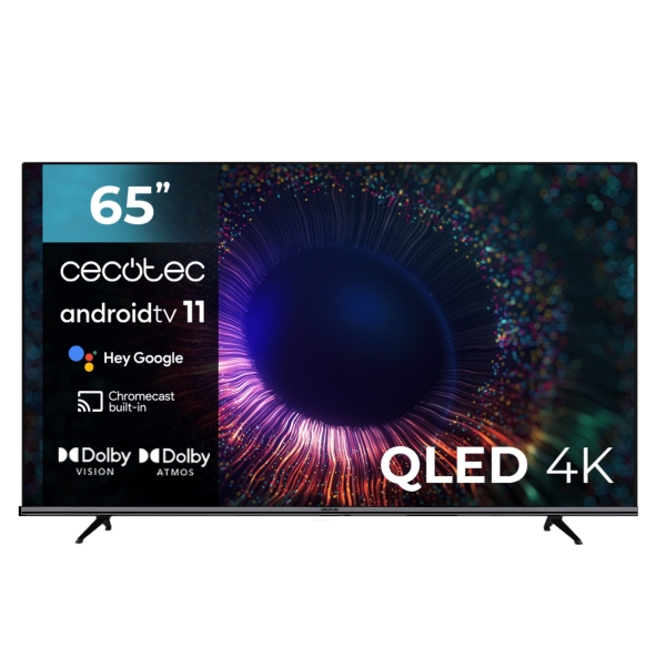 Cecotec V1+ serie VQU11065+S Smart TV QLED da 65" con risoluzione 4K UHD - Android TV 11 - HDR10+ - Subwoofer integrato - Dolby Atmos - Formato senza cornice - HDMI 2.1 - Colore Nero