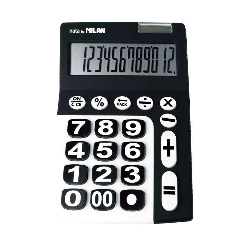 Milan Calcolatrice a 12 cifre extra large - Tasto di correzione dell'immissione dati - Colore Nero e Bianco