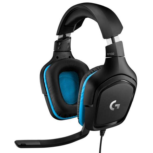 Cuffie da gioco Logitech G432 USB DTS 7.1 con microfono - Microfono pieghevole - Archetto regolabile - Cuscinetti imbottiti - Altoparlanti da 50 mm - Cavo da 2 m - Colore Nero/Blu