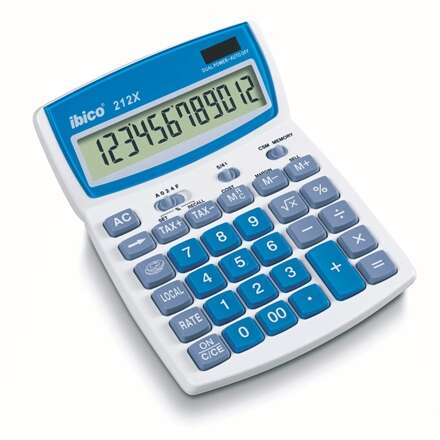 Ibico 212X Calcolatrice da tavolo con display LCD a 12 cifre inclinabile - Tasti in rilievo - Funzione imposte e arrotondamento - Colore Bianco/Blu/Grigio