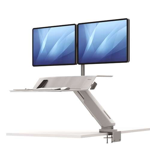 Fellowes Sit-Stand Lotus RT Postazione di lavoro doppia - Ampia superficie - Include braccio porta monitor - Superficie in legno resistente - Colore Bianco