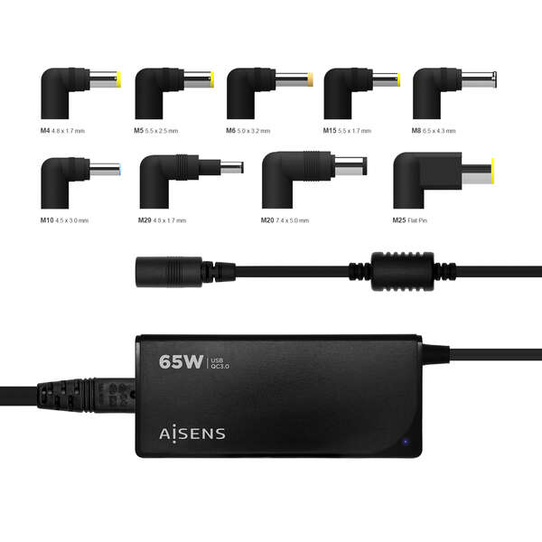 Aisens Caricabatterie automatico universale multitensione da 65 W per laptop con 9 Connettori + USB-A QC 3.0 - Colore Nero