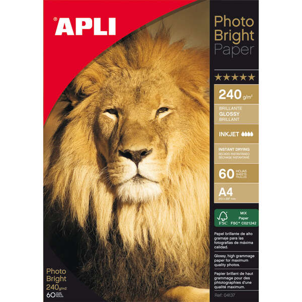 Apli Confezione da 60 fogli di carta fotografica Photobright A4 240 g/m² - Finitura lucida