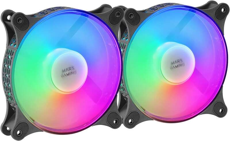 Mars Gaming Kit di 2 spettacolari ventole FRGB RAINBOW 360º - 120x120x25mm - Illuminazione 360º FRGB RAINBOW - Ventilazione superiore e silenziosa - Connessione 3PIN+4PIN - Colore Nero