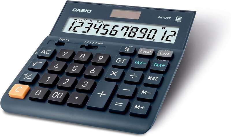 Casio DH-12ET Calcolatrice da tavolo - Display extra-large a 12 cifre - Alimentazione solare e a batterie - Colore Blu scuro
