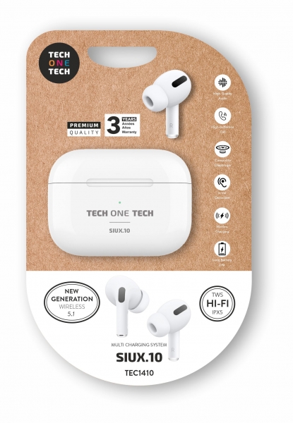 TechOneTech Cuffie wireless Bluetooth TWS - Fino a 30 ore di riproduzione - IPX5 - Colore Bianco