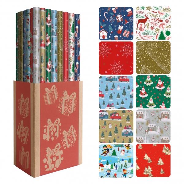 Dohe Natale Espositore da 50 rotoli di carta da regalo - 10 disegni diversi - 5 rotoli per disegno - Misure del rotolo 0