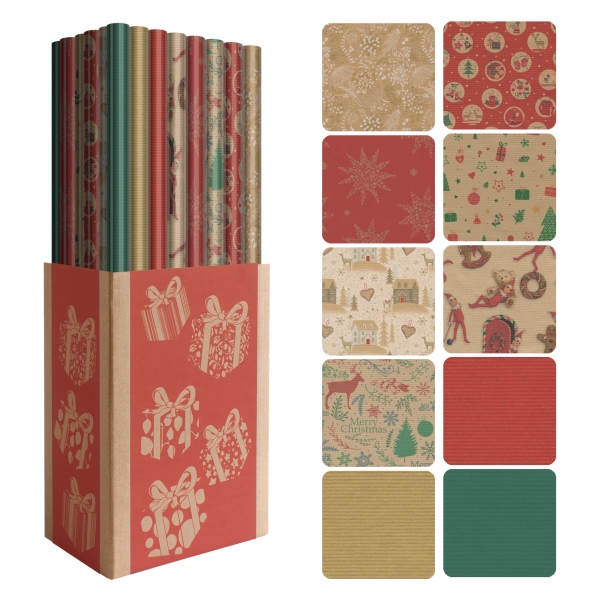 Dohe Natale Kraft Espositore da 50 rotoli di carta da regalo - 10 disegni diversi - 5 rotoli per disegno - Misure del rotolo 0