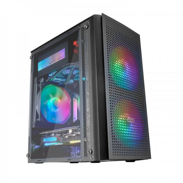 Mars Gaming MC300 Case da gaming compatto - Finestra in vetro temperato - Tripla ventilazione FRGB - Griglia frontale TOTAL-MESH - Supporto MicroATX/Mini-ITX - RGB avanzato - Colore Nero