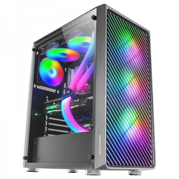 Mars Gaming MC-F Semitorre Gaming - 4 ventole ARGB - Vetro temperato - Supporto per raffreddamento a liquido - Gestione del cablaggio - Colore Nero