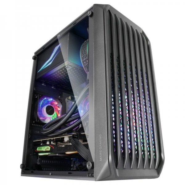 Mars Gaming MC-S2 Case gaming compatto - Ventole FRGB - Flusso d'aria ottimale - Finestra laterale a tutta larghezza - Compatibile con Micro-ATX/Mini-ITX - Colore Nero