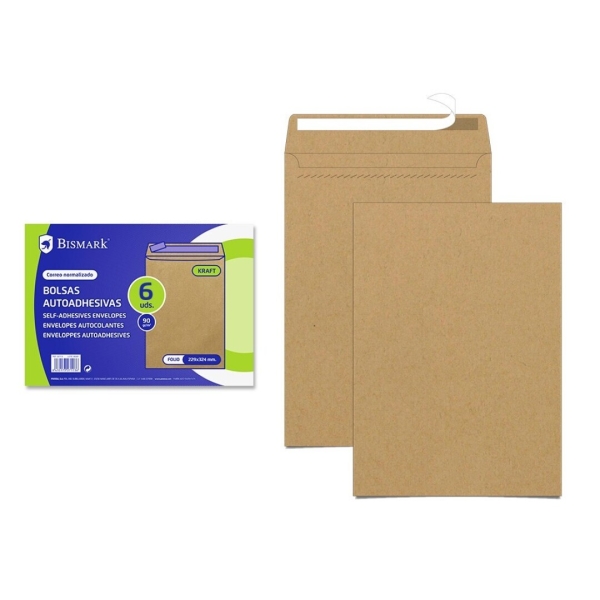Bismark Confezione da 6 buste in carta kraft 90 g - Misure 184 x 261 mm - Chiusura autoadesiva - Colore marrone