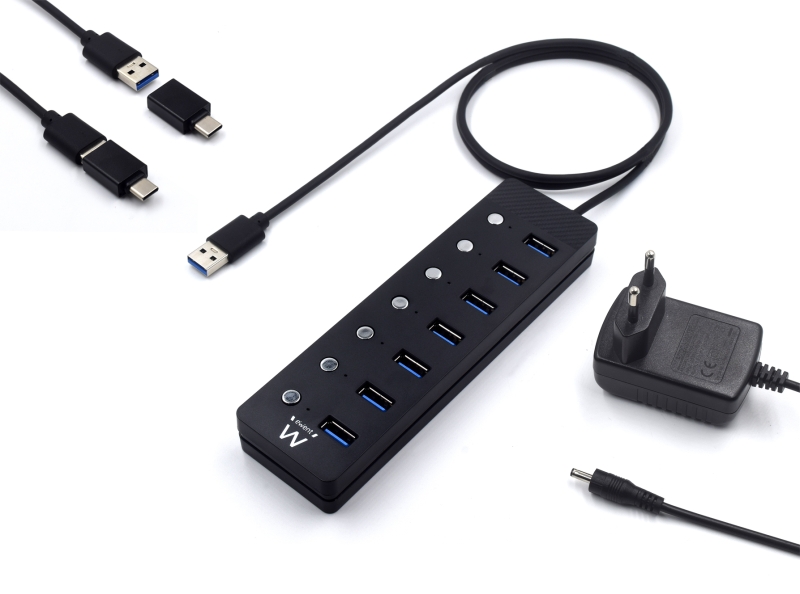 Ewent Hub USB 7 in 1 - Alimentazione esterna - Interruttori individuali - Inc...