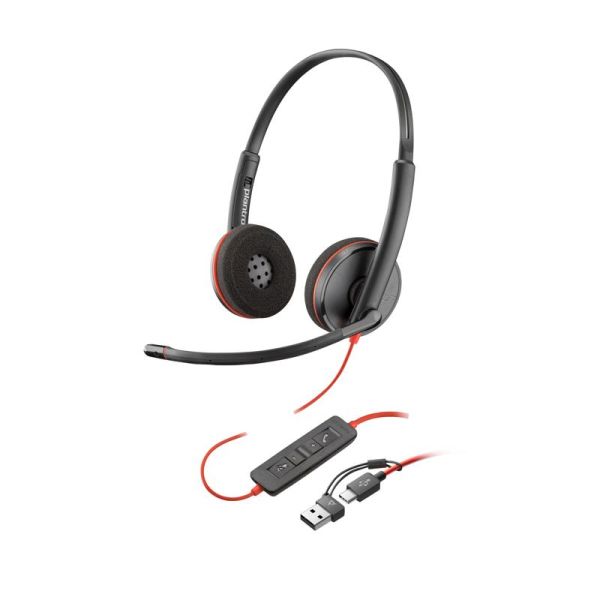 HP Poly Blackwire 3220 USB-C Cuffie con microfono - Cuscinetti imbottiti - Controlli sul cavo - Adattatore USB-A - Colore Nero