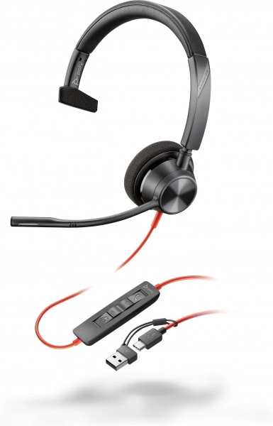HP Poly Blackwire 3310 USB-C Cuffia monoaurale con microfono - Cuscinetti imbottiti - Controlli sul cavo - Adattatore USB-A incluso - Colore Nero