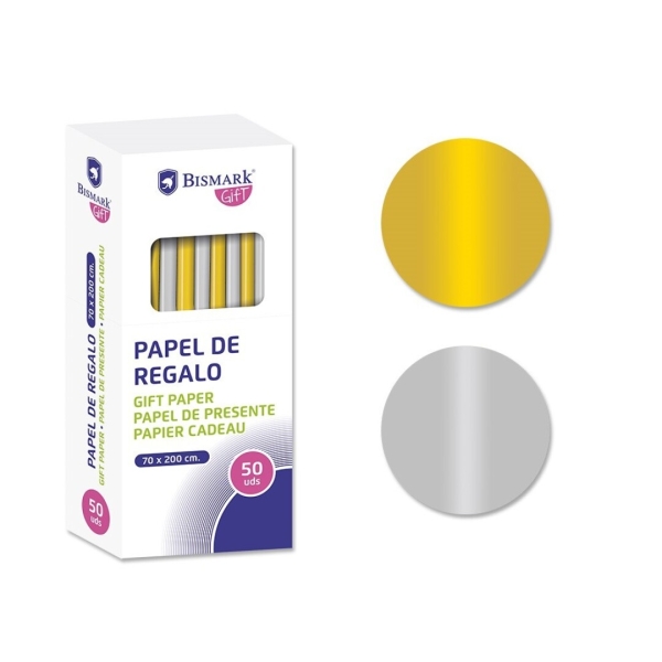 50 pz. - Bismark Oro/Argento Rotolo di carta da regalo - Misure 70 cm x 200 cm - 2 Colori