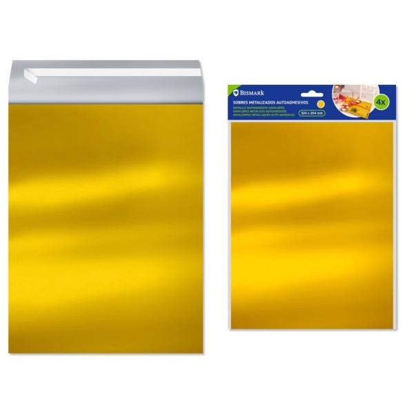 Confezione Bismark da 4 buste metallizzate - Misure 324x254 mm - Chiusura autoadesiva - Ideale per regali - Colore oro