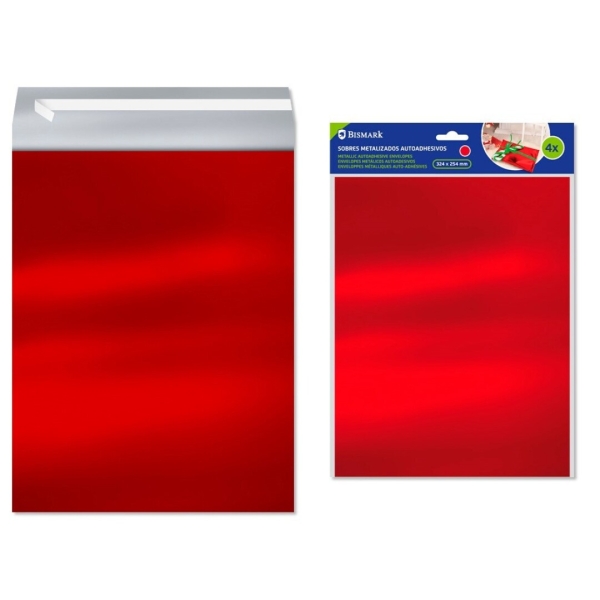 Bismark Confezione da 4 buste metallizzate - Misure 324x254 mm - Chiusura autoadesiva - Ideale per regali - Colore Rosso metallizzato