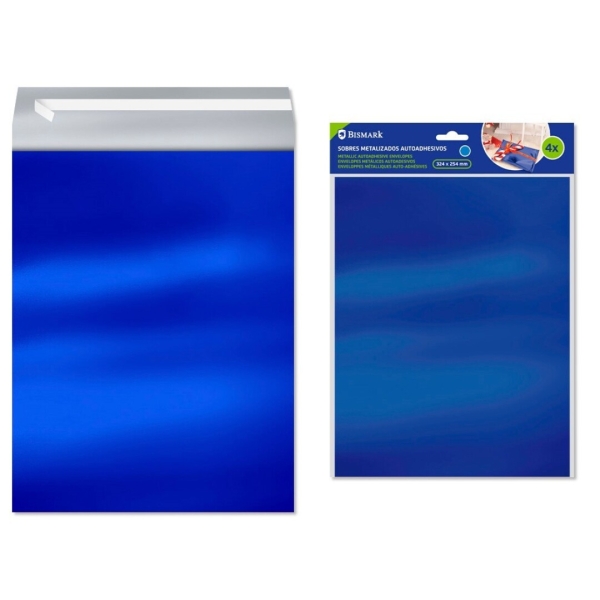 Bismark Confezione da 4 buste metallizzate - Misure 324x254 mm - Chiusura autoadesiva - Ideale per regali - Colore Blu metallizzato