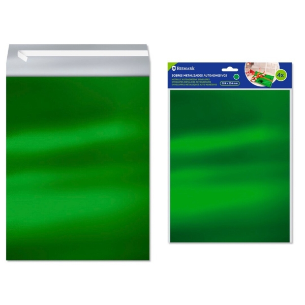 Bismark Confezione da 4 buste metallizzate - Misure 324x254 mm - Chiusura autoadesiva - Ideale per regali - Colore verde metallizzato