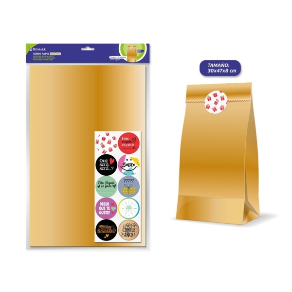 Bismark Confezione da 10 buste in carta Kraft da 50 g con 10 adesivi per la chiusura - Misure 30x47x8 cm - Ideale per regali - Colore oro