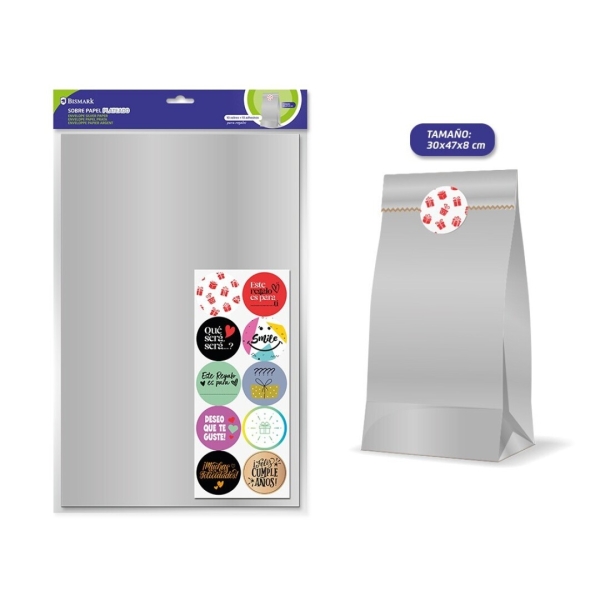 Bismark Confezione da 10 buste in carta Kraft da 50 g con 10 adesivi per la chiusura - Misure 30x47x8 cm - Ideale per regali - Colore Argento