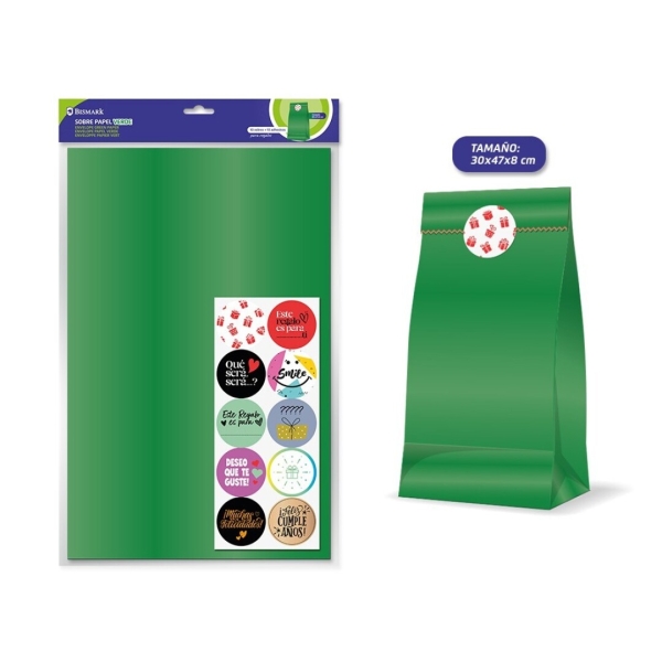Bismark Confezione da 10 buste in carta kraft da 50 g con 10 adesivi per la chiusura - Misure 30x47x8 cm - Ideale per regali - Colore verde