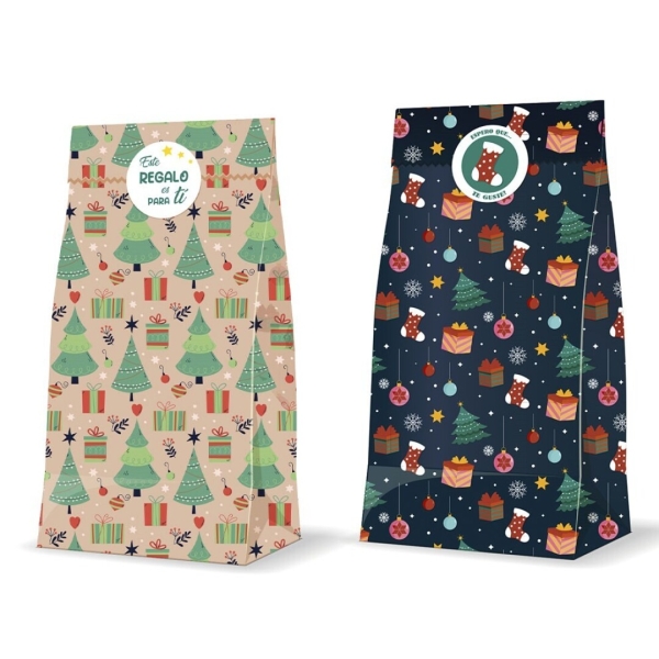 Bismark Confezione da 3 buste in carta kraft da 60 g con 3 adesivi per la chiusura - Misure 20x42x8 cm - Ideale per regali - 2 disegni natalizi a caso