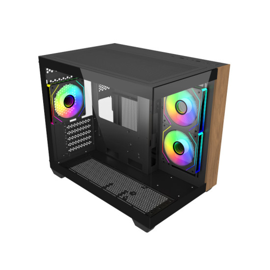 Cooler Master Elite 481 Wood Case Minitower - 3 ventole da 120 mm RGB - Vista panoramica - Supporto MicroATX/Mini-ITX - Doppia camera - Audio - 2xUSB-A - 1xUSB-C - 420x285x370 mm - Colore Nero