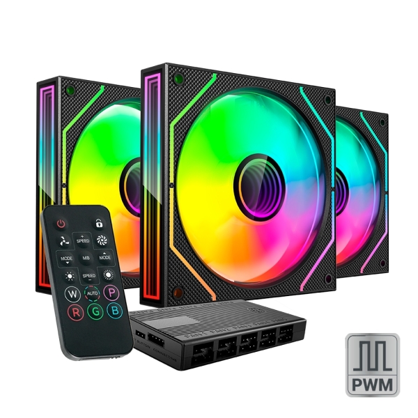 Mars Gaming MF-3DPROKIT Confezione da 3 ventole da 120 mm - Illuminazione ARGB Infinity Mirror a 360º - Silenzioso 12 dB - Telecomando e hub ARGB - Colore Nero