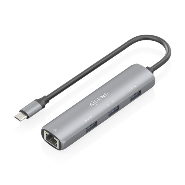 Aisens ASUC-4P038-GR Adattatore di rete da USB-C a Gigabit Ethernet + Hub 3xUSB-A 3.0 - 15 cm - Colore Grigio