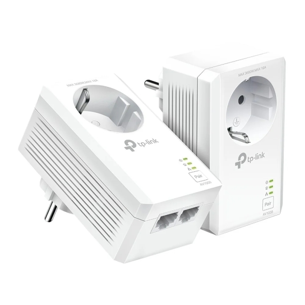 TP-Link TL-PA7027P KIT Confezione da 2 adattatori Powerline - Velocità fino a 1 Gbps - Copertura fino a 300 m - Presa di corrente integrata - 2 porte Ethernet - Plug and Play - Colore Bianco