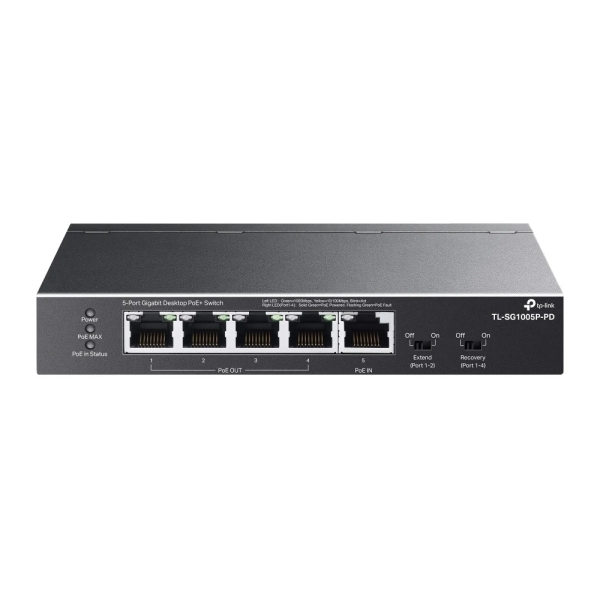 TP-Link TL-SG1005P-PD Switch 5 porte RJ45 1 Gbps - Portata fino a 250 m con cavo - Commutazione fino a 10 Gbps - Ripristino automatico - Plug and Play - Box in metallo - Colore Nero