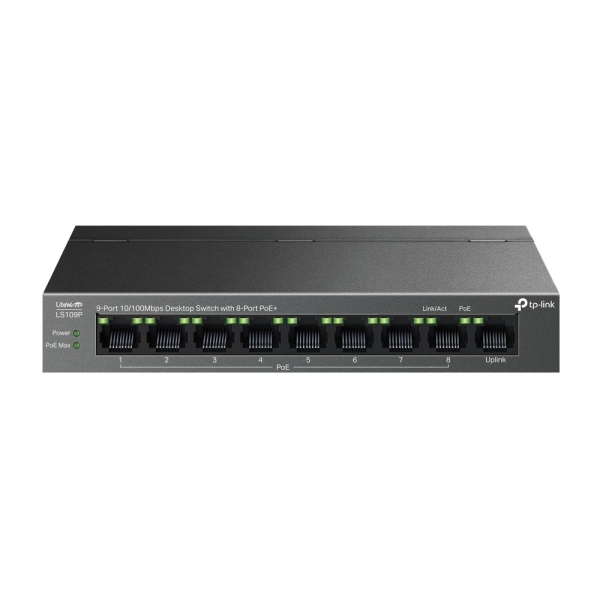 TP-Link LS109P LiteWave Switch con 9 porte RJ45 100 Mbps - Non gestito - 8xPoE+ - Plug and Play - Ripristino automatico - Box in metallo - Colore Nero