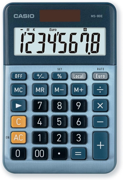 Casio MS80E Calcolatrice da tavolo a 8 cifre - Tasto doppio zero - Simboli di comando delle funzioni - Calcolo avanzato delle percentuali - Alimentazione solare e a batterie - Colore Blu
