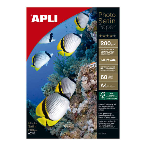 Apli Photosatin Confezione da 60 fogli di carta fotografica A4 200 g - Finitura semilucida - Adatta alle stampanti a getto d’inchiostro