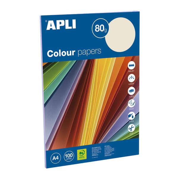 Confezione Apli con 100 fogli di carta A4 - 20 fogli per colore - Colori pastello assortiti