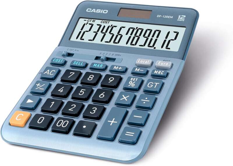 Casio DF-120EM Calcolatrice da tavolo - Display extra-large a 12 cifre - Alimentazione solare e a batterie - Colore Blu