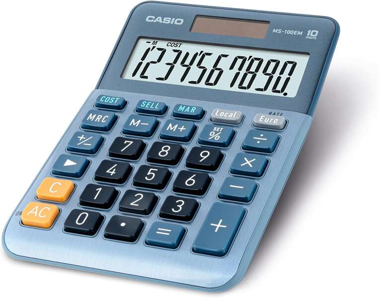 Casio MS-100EM Calcolatrice da tavolo compatta - Display LCD a 10 cifre - Alimentazione solare e a batterie - Colore Blu