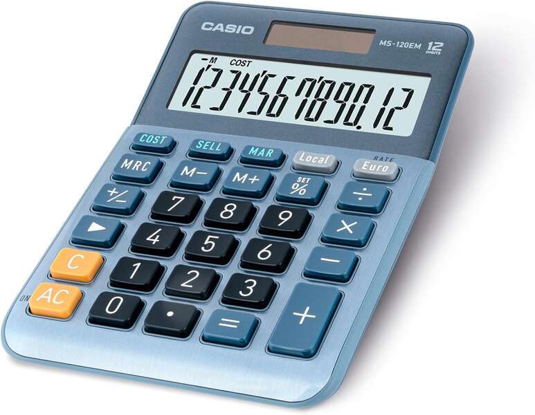 Casio MS-120EM Calcolatrice da tavolo compatta - Display LCD a 12 cifre - Alimentazione solare e a batterie - Colore: Blu