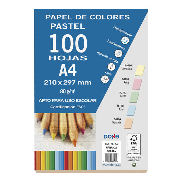 Dohe Carta multifunzionale Colore pastello da 80 g - Adatta per fotocopiatrici, stampanti laser e a getto d’inchiostro - Ideale per l’uso scolastico