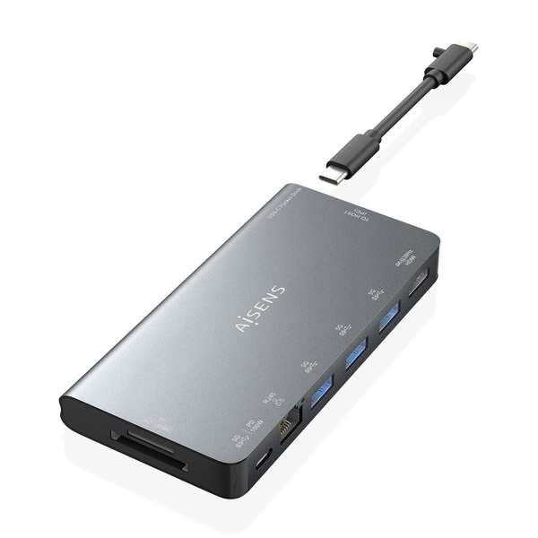 Dock USB-C 8 in 1 Aisens - USB-C a 1xHDMI - 1xRJ45 - 3xUSB-A - 1xUSB-C dati+PD - 1xSD - 1xMicro SD - 10 cm - Colore Grigio