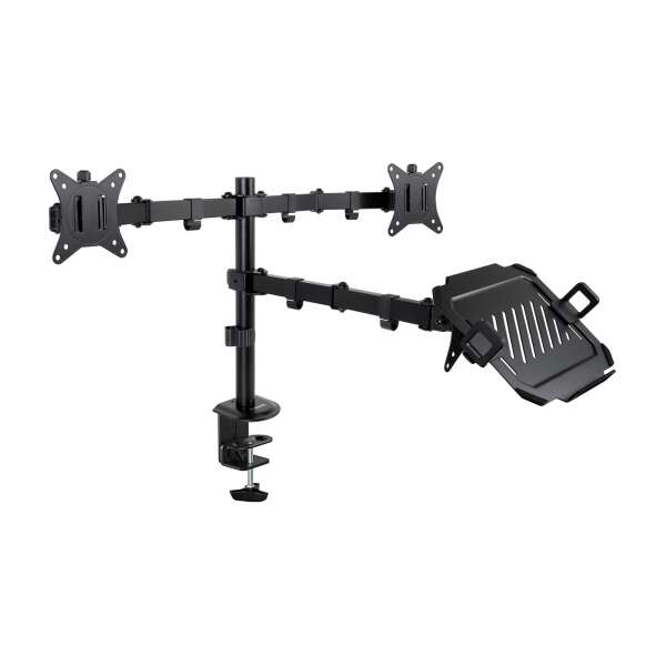 Tooq Supporto da tavolo per 2 monitor da 17"-32" + vassoio per portatile - Gestione cavi - Peso max 9 kg per braccio - VESA 100x100 mm