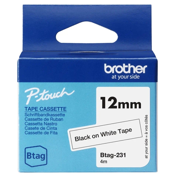 Compatibile Brother Nastro BTAG-231 12mm - Testo nero su fondo bianco - Dimensioni 12mm x 4 metri - Adatto per PTN10, PTN20, PTN25BT