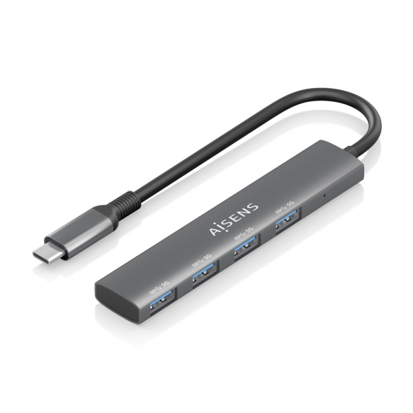 Hub USB-C ultra sottile Aisens - 1xUSB 3.1 Gen 1 + 4xUSB 3.0 - Velocità 5 Gbps - Alimentazione USB-C - Cavo da 15 cm - Colore Grigio