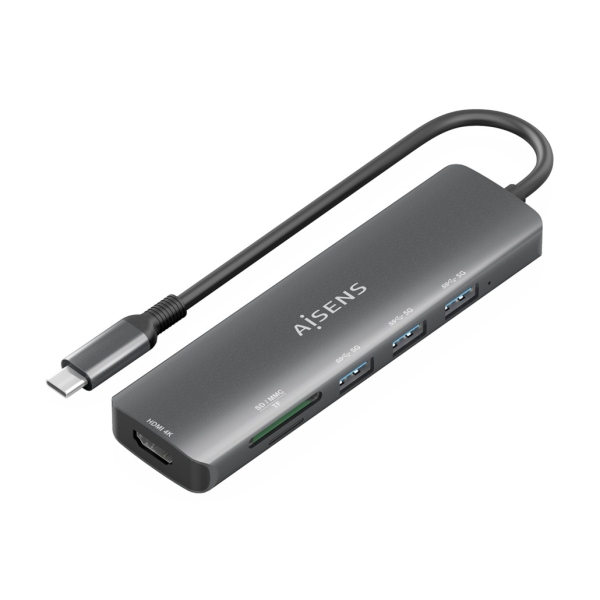 Dock USB-C 6 in 1 Aisens - USB-C a 1xHDMI - 3xUSB-A - 1xSD - 1xMicroSD - 15 cm - Colore Grigio