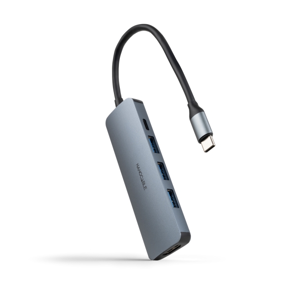Nanocable HUB USB-C 5 in 1 - Convertitore da USB-C 3.1 a 3 x USB-A 3.0 + USB-C PD 100W + HDMI - Alluminio - 18 cm - Colore Grigio