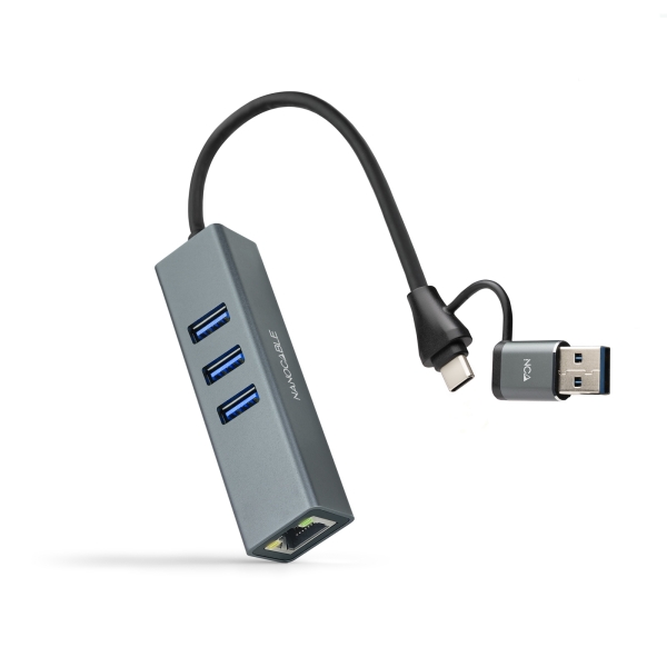 Nanocable Adattatore di rete USB-C + USB-A/M 3.0 a Ethernet Gigabit 10/100/1000 Mbps + Hub 3xUSB-A 3.0 - 15 cm - Colore Grigio